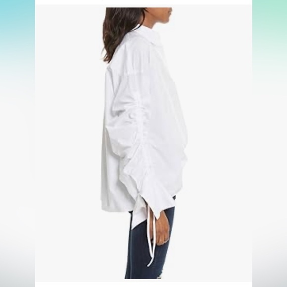 Free People Brown Eyed Girl White Poplin Boyfriend Ruched Sleeves Blouse Shirt - Picture 8 of 15